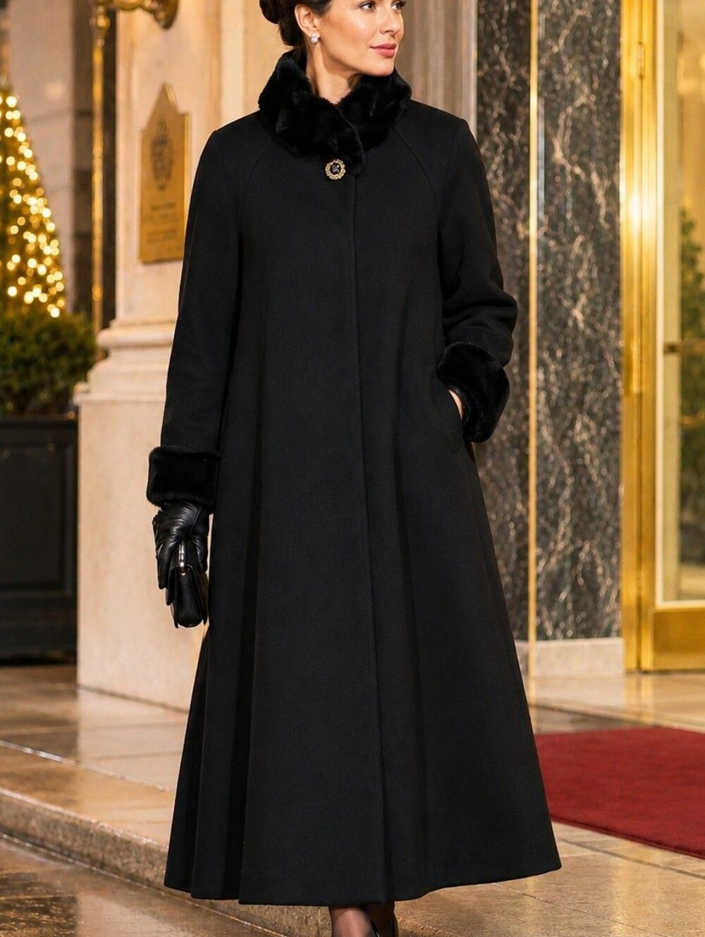 Vintage 80s Black Wool Swing Coat Faux Fur Trim by Leslie Fay Petites L/XL Glam
